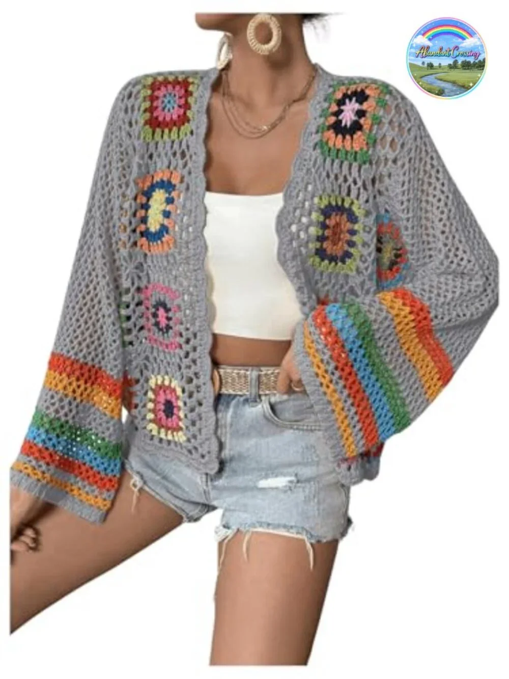 Floral Crochet Open Front Cardigan Sweater Long Sleeve Lightweight Casual